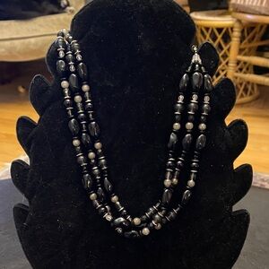 Elegant Black and Silver Beaded Necklace 3 strands